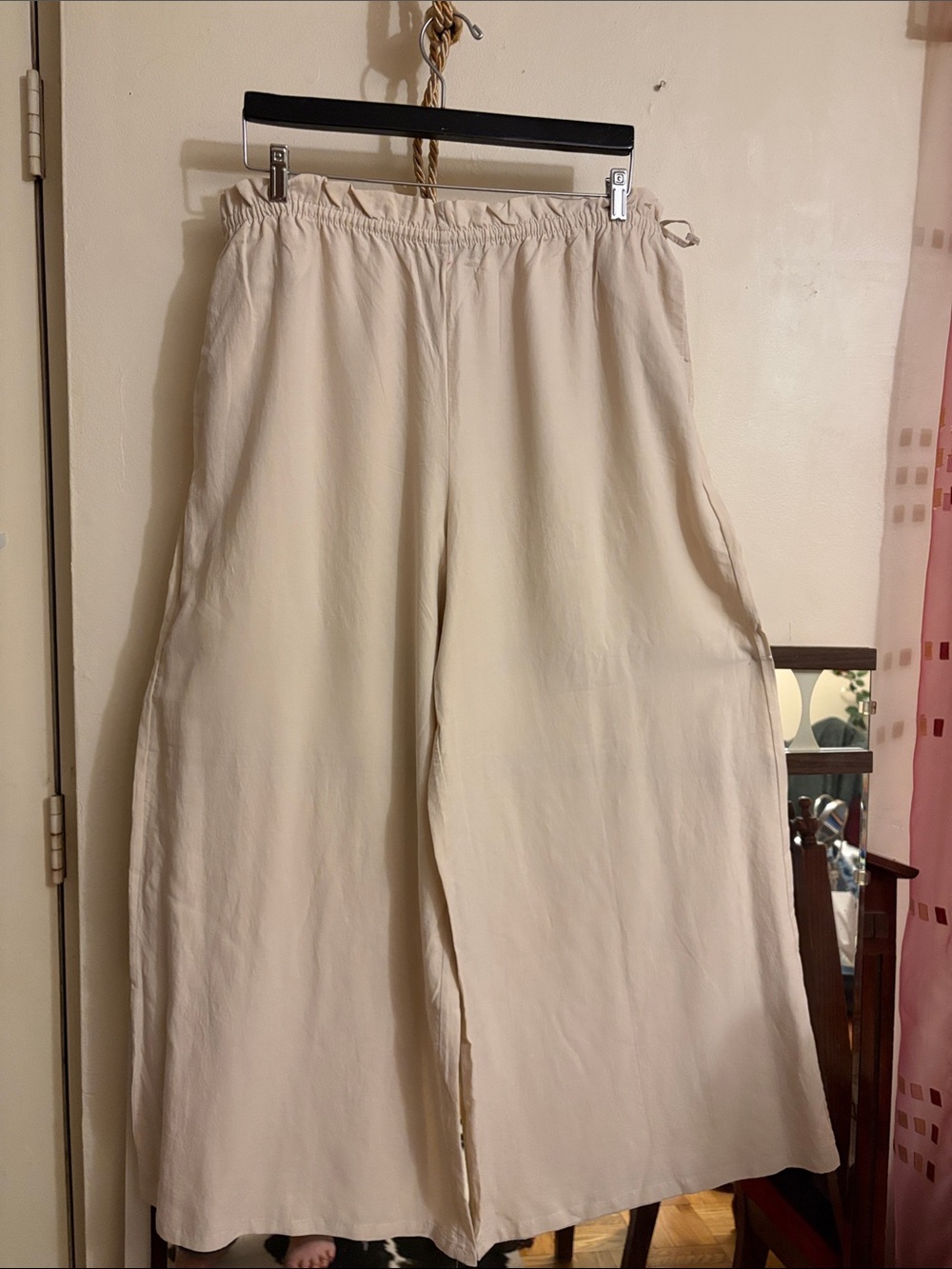 Zara Wide-Leg Pull-On Pants in Cream. LYOCELL Linen
